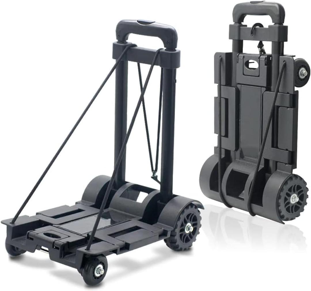 Foldable Plastic Folding Cart Lightweight Folding Shopping Trolley Mini Luggage Hand Truck for Travel Shopping Moving Office Use (4-Wheels) Black