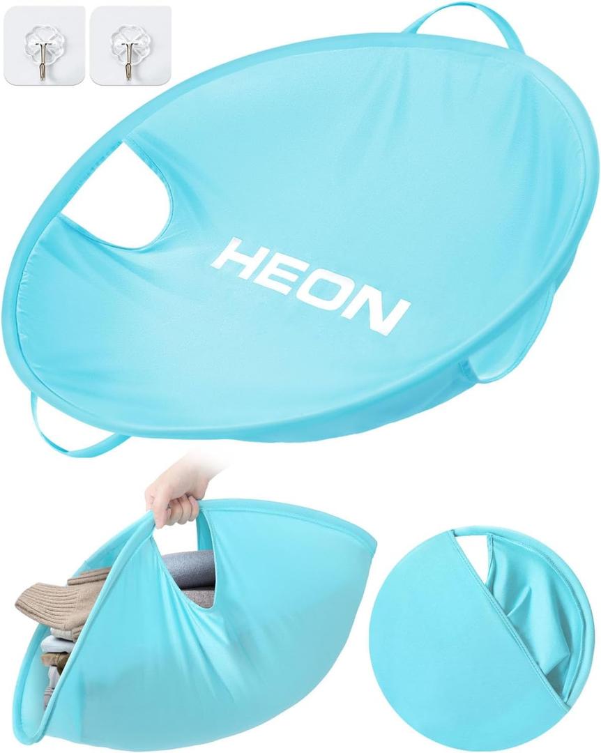 27" Pop Up Laundry Hamper, HEON Collapsible Laundry Basket for Dirty Clothes Dryer & Washer Removal, Foldable & Flexible Pop Up Clothes Hamper with Handles for Family Apartment Dorm(Cyan) (Large)