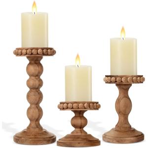 Mumufy 3 Pcs Candle Holders for Pillar Candles Rustic Farmhouse Home Decor Decorative Washed Beaded White Black Wood Candle Holder Country Style for Table Mantel Fireplace Wedding(Pine Brown,Small)