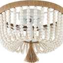 VILUXY Bohemia Wood Beaded Flush Mount Ceiling Light Antique Rustic Mini Round Chandelier White for Bedroom Kitchen Island Girl Room Entryway 3-Light (fringe)