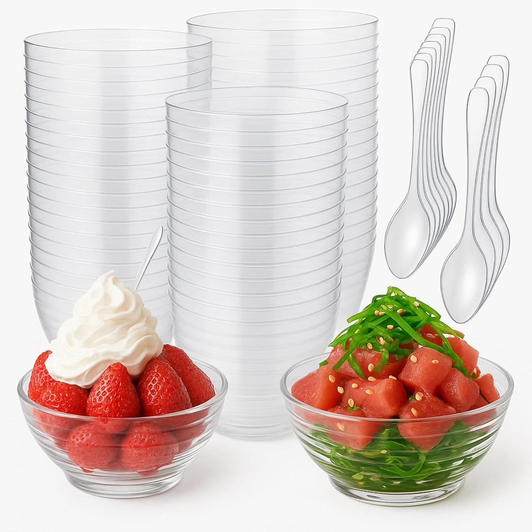 Newtay 200 Pcs 3 oz Mini Dessert Bowls and Spoons Small Clear Plastic Bowl Hard Serving Cups for Appetizers Mousse Puddings Condiments Snacks Party