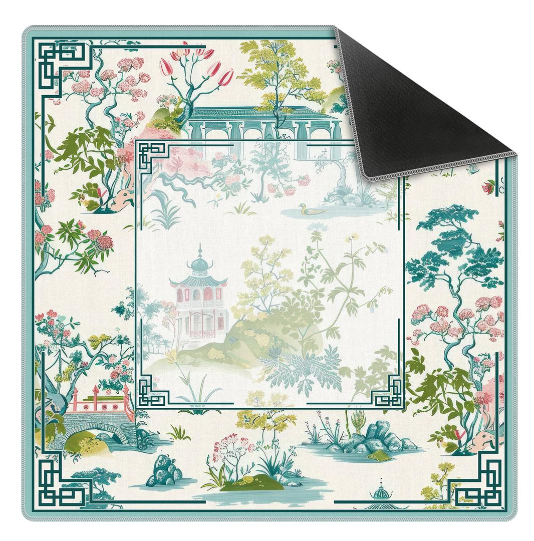 Elpwk Chinese Garden Teal Green Chinoiserie Pavilion Lake Mahjong Mat 31.5x31.5 Inch, Non-Slip and Noise Reduction Mah Jong Table Mat Cover Gifts for Mahjong Lovers Poker Board Games Dominoes