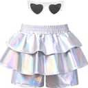 Girls Pleated Metallic Shorts Shiny Sparkle Ruffle Scooter Skater Dance Elastic Waist Rave Pants with Sunglasses for 4-5T