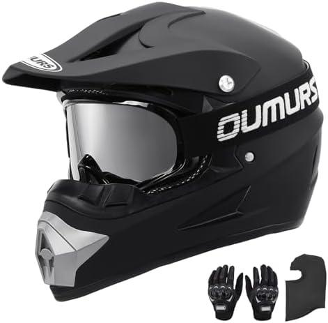 OUMURS DOT Adult ATV Dirt Bike Helmet with Goggles Gloves & Mask Adjustable Sun Visor Motorcycle Adult Helmet Off-Road Motocross Downhill Moped MX for Unisex-Adult OUMURS 125A-Matte Black, S