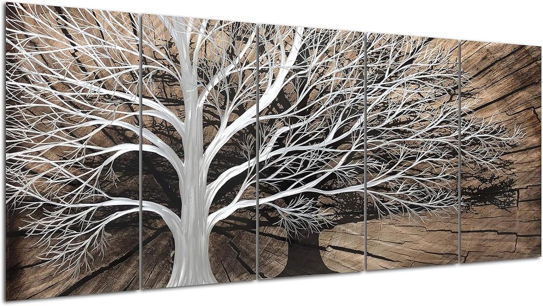 Yihui Arts Tree of Life Metal Wall Art Set - Handcrafted 3D Aluminum Sculpture, Silver Couples Artwork for Home Decor - Perfect Living Room, Bedroom, or Office Accent (24Wx64L(IN))