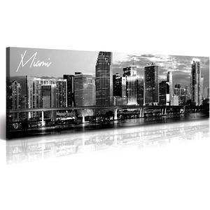 DJSYLIFE Miami Skyline Wall Art Decor Panoramic Cityscape Picture Modern USA City Night View Canvas Prints for Bedroom Office Living Room Decoration Stretched and Framed Ready to Hang 13.8"x47.3" (47.3L" x 13.8W")