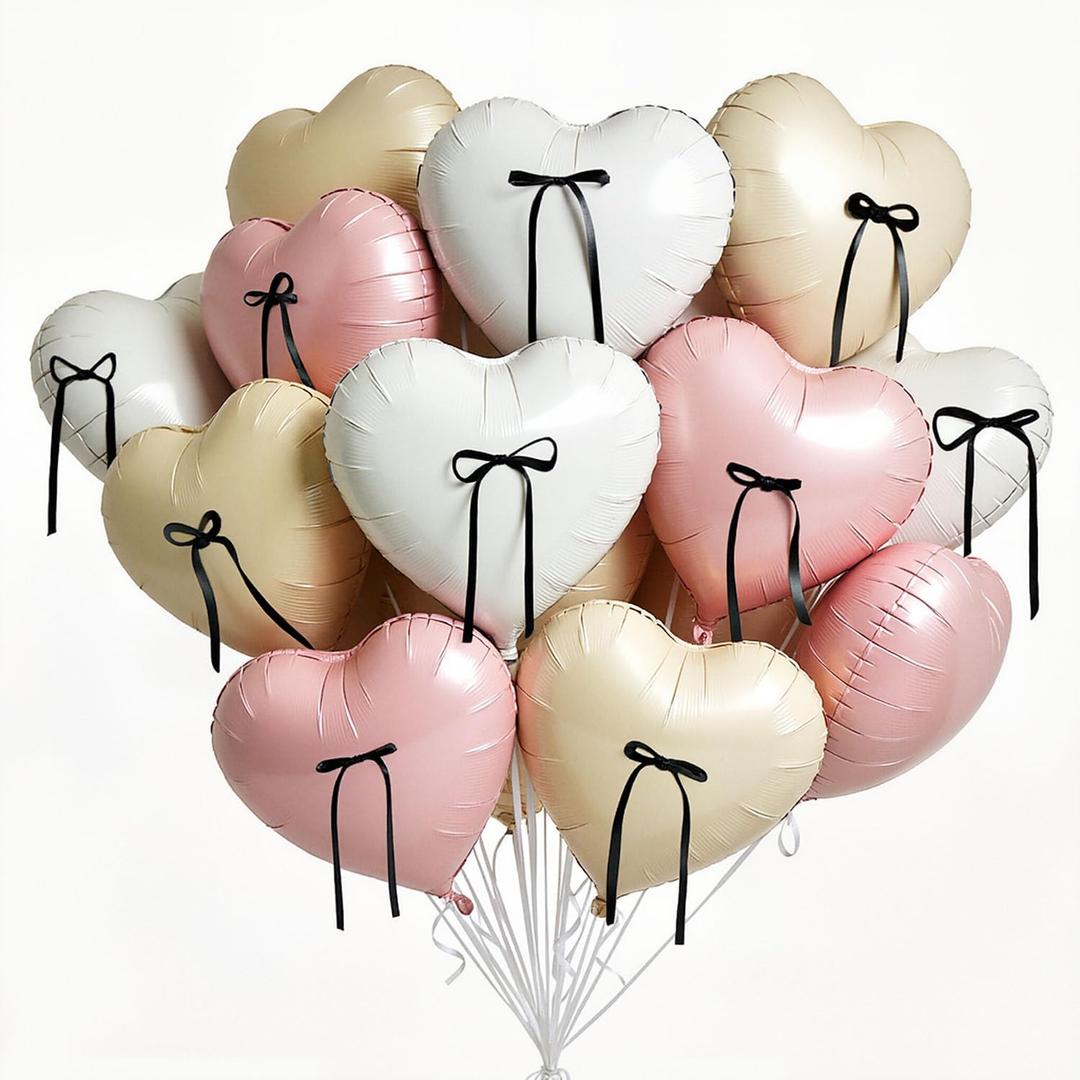 2 x Pink and Cream Heart Balloons Decorations, 10pcs Pink Cream Shape Heart Balloon with Black Bow Decoration for Birthday Bridal Shower Anniversary Gilrs Night Party Decorations
