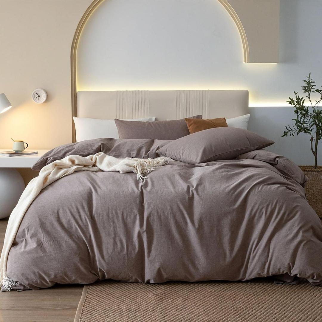 JIYUAN 100% Washed Cotton Duvet Cover Set 3 Pieces Queen, 1 Duvet Cover 90x90 Inches(Comforter Not Included) and 2 Pillowcases,Linen Feel Bedding Set Comfy and Breathable, Heathered Mauve Brown