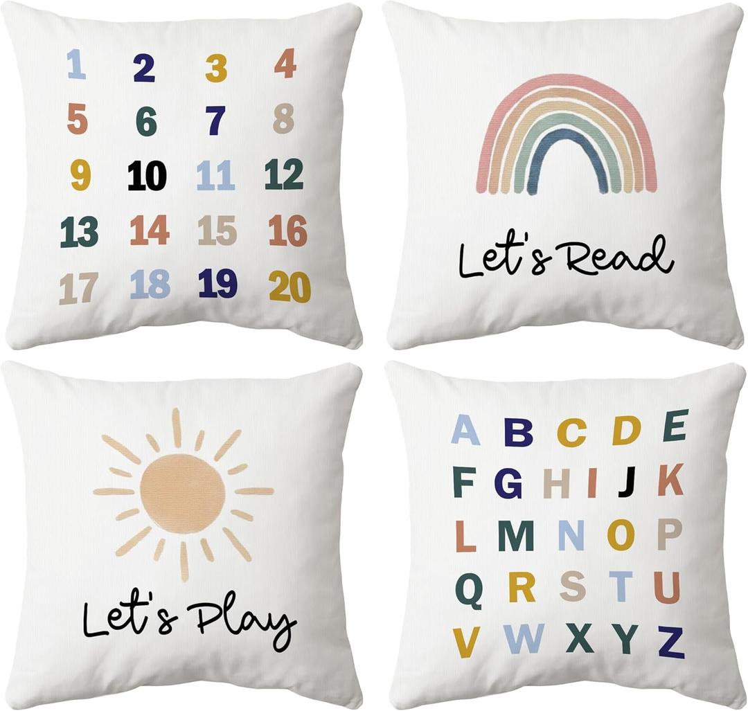 huester Let's Read Let's Play Alphabet Numbers Chart Boho Sun Rainbow Throw Pillow Cover,18"X18"Set of 4 Pillowcase for Home Bedroom Kids Room Nursery Playroom Decor,Gift for Kids Teen Girls
