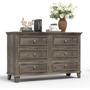 GarveeHome Farmhouse Grey Dresser for Bedroom with 6 Drawer, Double Dresser TV Stand with Vintage Handle, Wide Wood Dressers & Chests of Drawers, 6 Drawer Dressers for Bedroom, Living Room, Hallway, 16"D x 47"W x 33"H
