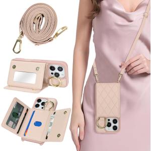 for iPhone 16 Pro Case with Card Holder and Strap for Women,Crossbody Lanyard, Make Up Mirror,Ring Stand,Snap Clasp,Cute Phone Wallet Cases 6.3 inch - Rose Gold