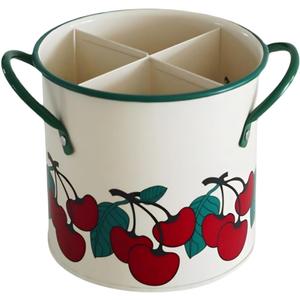 Vintage Utensil Crock - Cherry Kitchen Decor Iron Organizer with Detachable Divider, 4-Compartment Drain Hole Utensil Holder for Vintage Kitchen Utensils & Accessories