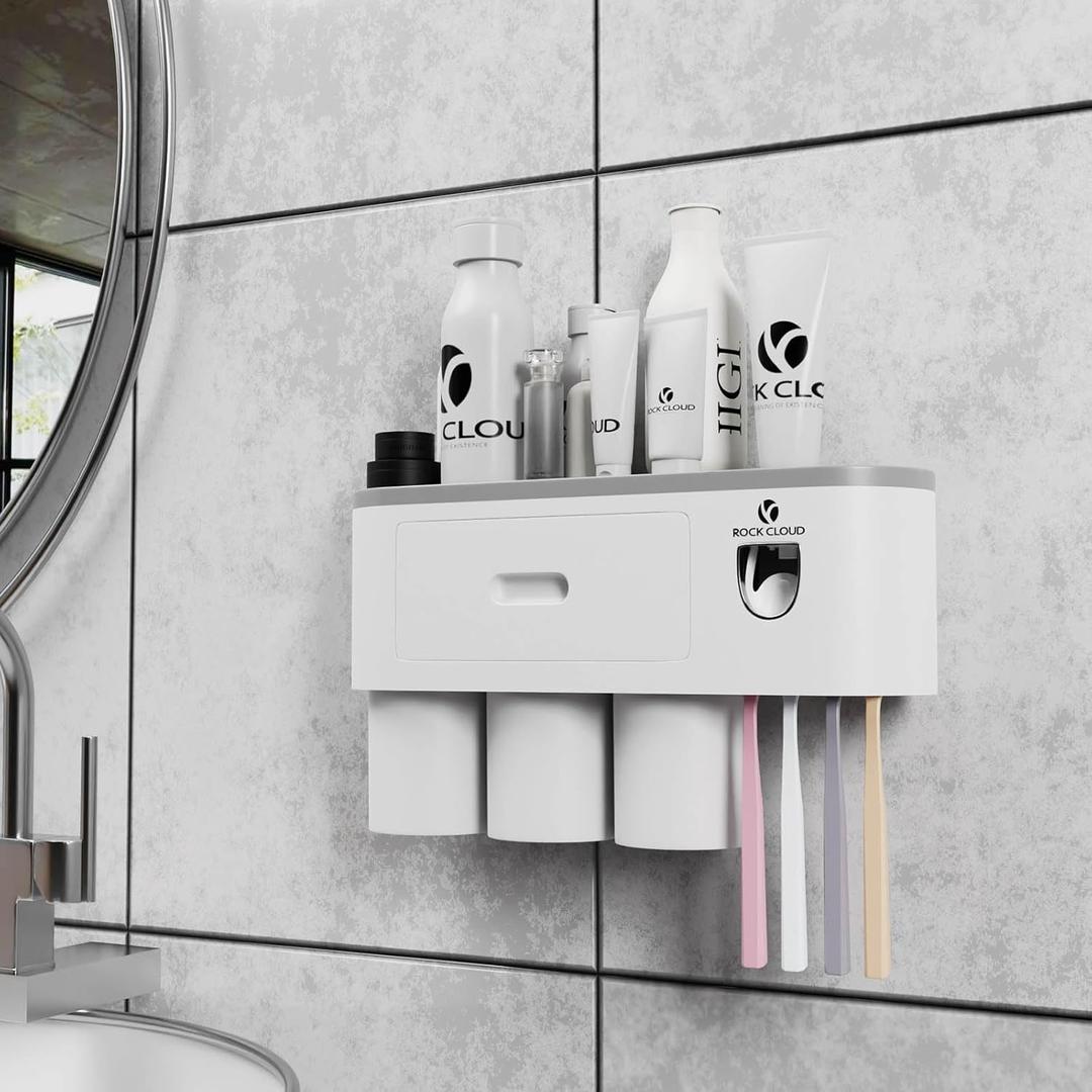 ROCK CLOUD Toothbrush Holder Wall Mounted Automatic Toothpaste Dispenser Squeezer Kit Saving Space, 4 Toothbrush Slots,2 Cups and Drawers for Bathroom (Gray)