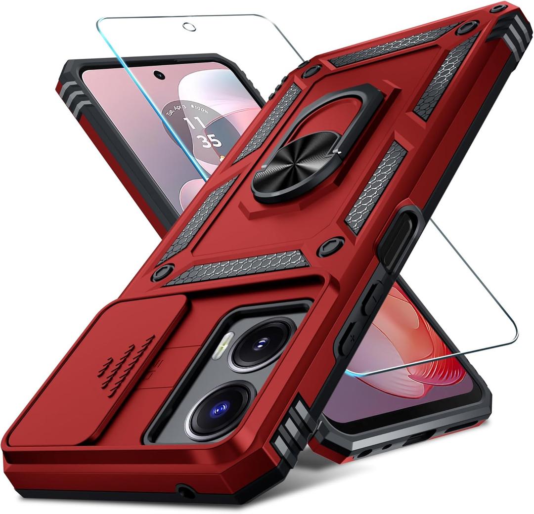 Janmitta Compatible with Moto G Power 5G 2024 Case Built in Slide Camera Lens Cover+Screen Protector+Finger Ring Holder Kickstand,Heavy Duty Shockproof Full Body Protective Phone Cover,Red