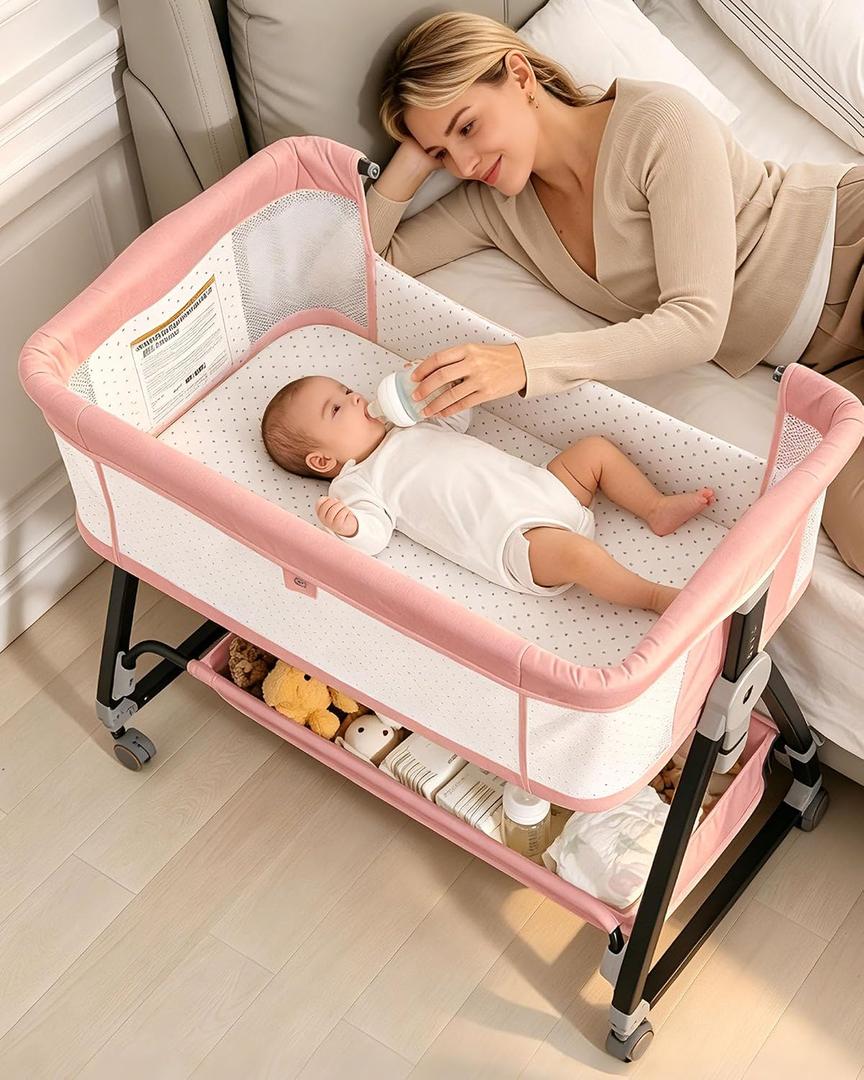 Baby Bassinets Bedside Sleeper with Wheels and Mattress, Cosleeping Baby Bed with Storage, Co-Sleeper Bassinet Attach to Bed, Bed Side Crib with Breathable Mesh, Height Adjustable (Pink), 35.4‘’L*21.7''W*28''-32.7''H