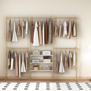 KAILNKISS Industrial Pipe Clothing Rack, Wall Mounted Clothes Rack Gold Clothing Rack with Shelves Clothes Hanging Shelf-94.5''L Gold