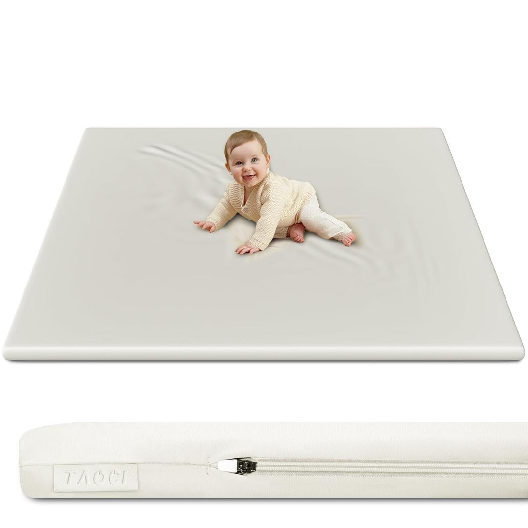 Padded Baby Play Mat Soft Vegan Leather with Thicken Foam Mat Easy Wipe-Clean Cushioned & 2 Sides Waterproof Baby Tummy Time Playmat Fits 50" x50" Playpens,2 Support Toybar Poles Included (White)
