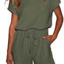 AlvaQ Womens Summer Casual Short Sleeve Rompers Solid Crewneck Drawstring One Piece Shorts Romper with Pockets S