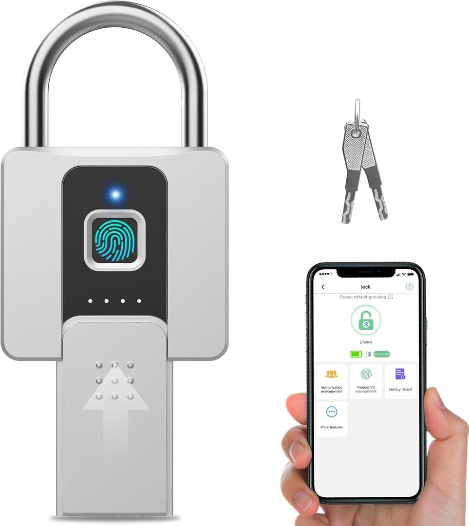Eseesmart Fingerprint Lock, Waterproof Padlock with Key and Mobile APP, Suitable for Gates, Fences, Gym, Cabinets, Office, Silver