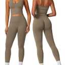 ABOCIW Workout Sets for Women 2 Piece Seamless V Neck Halter Tank Top with Bra Scrunch Butt Lifting High Waist Leggings Gym Sets Work Out Clothes Minky Medium