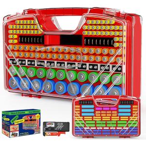 Battery Organizer Storage Holder Box Case with Tester, New Ultra-Large 285+Batteries Double-Sided Variety Pack, Holds AA AAA 4A C D Button Cell 9V 3V Lithium18650 CR2 CR123 CR1632 LR44 (Red)