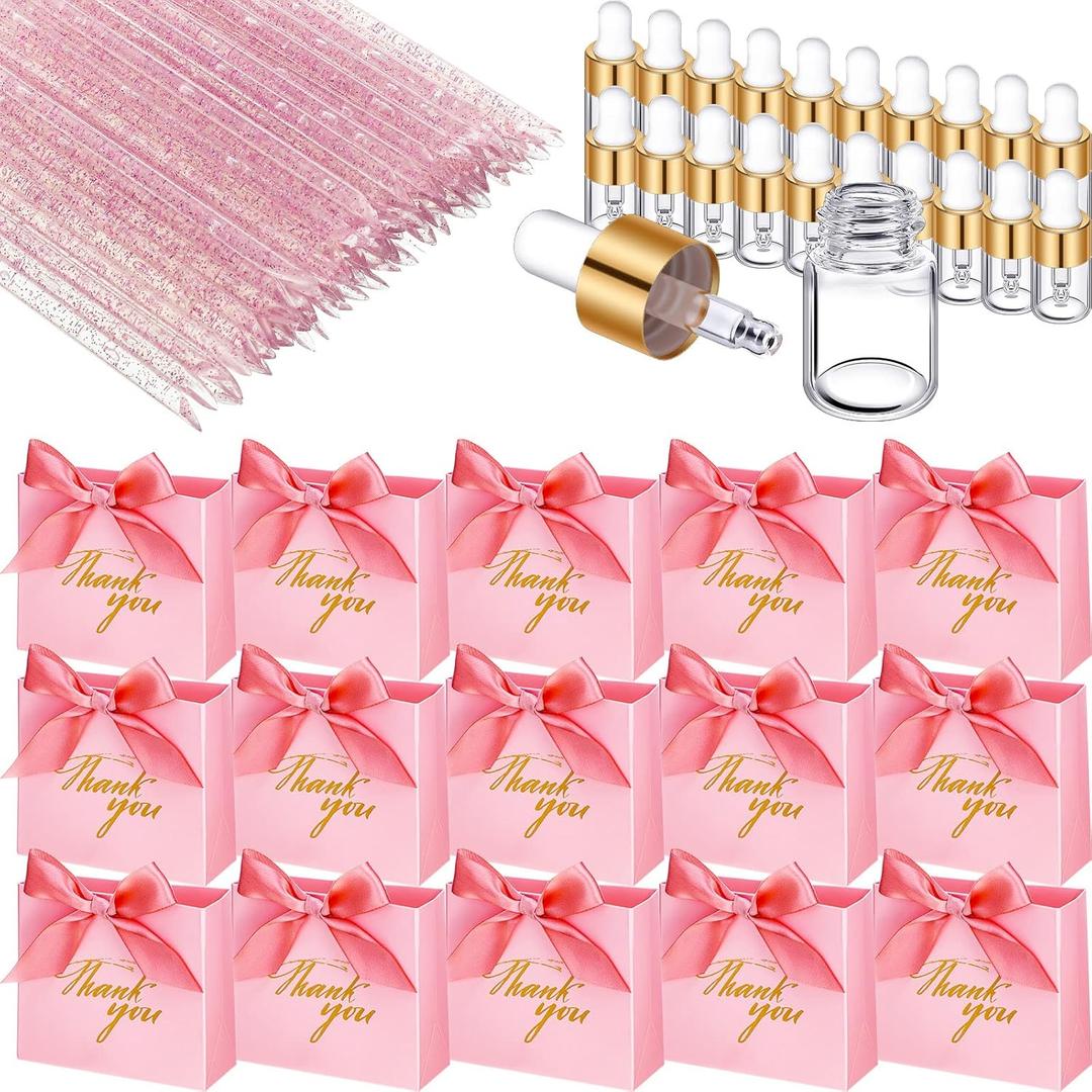 Junkin 40 Piece Mini Pink Thank You Gift Bag 20 Pcs Glass Oil Dropper Vial 2ml 20 Pcs Disposable Nail Stick Cuticle Pusher Pink Goodie Bag for Employee Appreciation Day Wedding Baby Shower Party Favor