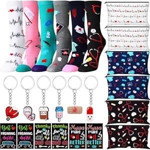 Pasimy 24 Pieces Women Teacher Appreciation Thank You Gift Set, Socks, Makeup Bags, Inspirational Notepads, Keychains for Christmas (Nurse)