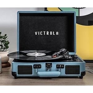 Victrola Journey Bluetooth Portable Suitcase Record Player – with Built-in Speakers, 3 Speed Vinyl Record Player, RCA Out, Headphone Jack (Blue)