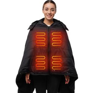 HENNCHEE Heated Blanket Battery Operated with Removable Hooded 70" x 42" Portable Heated Blanket with 16000mAh Battery Pack 5 Heating Zones Waterproof Heated Poncho for Home, Outdoors, Camping, Black