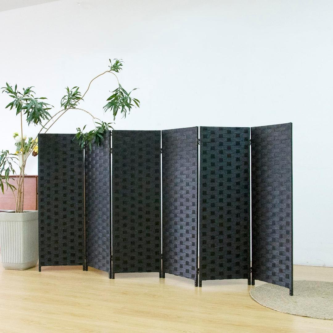 Furnnylane 6 Panel Double Sided Short Room Divider for Room Separation, Natural Black Rattan Folding Privacy Screen, Freestanding Partition Screen for Home Office - 3.95 ft Tall