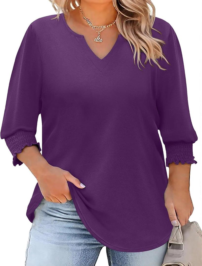 Rapbin Womens Plus Size Tops 3/4 Sleeve Blouses Shirts Casual V Neck Loose Tunic Tops , 4XL (Purple)