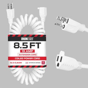 Iron Forge Cable SJEOW White Outdoor Coiled Extension Cord 8 ft, 16/3 13 Amp Oil Resistant & Flame Retardant 3 Prong Coiled Wire for Outdoor & Indoor