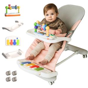 CuddoBaby Baby Bouncer 4-in-1 on Wheels |Detachable Pianos, Feeding Tray| 3-Level Recline Foldable Seat with Play Bar for Infant to Toddler 0-6, 0-12, 12-24 Months, Girl Gift Idea - Pink