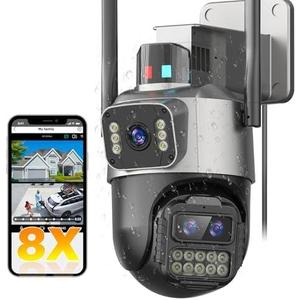 PTZ Security Camera Outdoor, Dual Lens 8X Digital Zoom Outside Cameras for Home Security with Cord, IP66 Waterproof, AI Tracking, Light Alarm, Color Night, 2-Way Talk, 24/7 Record,SD/Cloud
