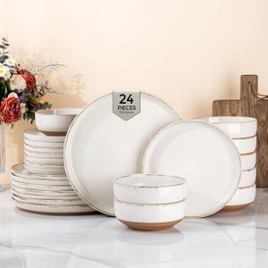 AmorArc 24 Pieces Ceramic Dinnerware Sets for 8, Handpainted Stoneware Plates and Bowls Set with Rustic Terracotta Underside, Scratch Resistant Dishes Set, Dishwasher & Microwave Safe