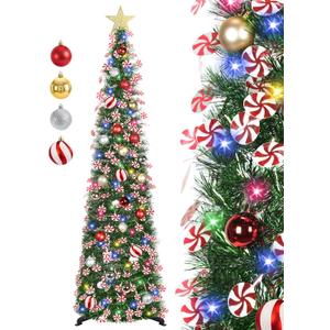 5 FT Pop Up Christmas Tree with Timer Lights and Decorations, Green Artificial Tinsel Christmas Tree with 24 Ball Ornaments, Collapsible Pencil Tree for Home, Office, Holiday Party