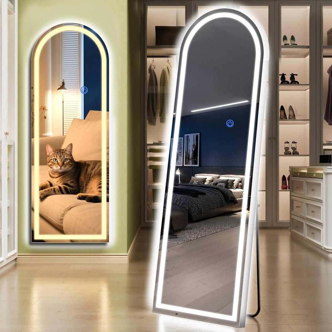 Arch Full Length Standing Mirror with LED Lights, 56"x20" Lighted Mirror with Dimming & 3 Color Lighting, Tall Mirror Full Body for Bedroom, Dressing Room