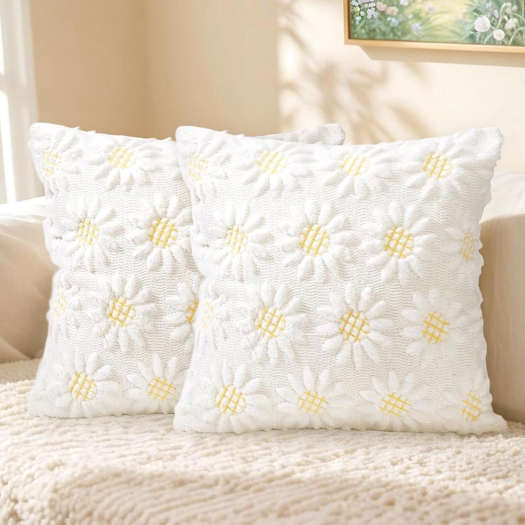 Winter Sunflower Pillow Covers 18x18 Inch Set of 2 Christmas Decorations for Home Soft Plush Faux Fur Throw Pillow Covers 3D Embroidered White Pillow Cases for Couch Bedroom Holiday Decor