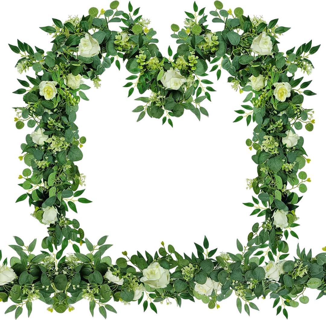 2 Pcs 5.9 Ft Artificial Eucalyptus Garland with Willow Leaves and Flowers Artificial Greenery Vines Fake Eucalyptus Flower Garland for Wedding Decoration Table Home Stairs Decor (2, White)