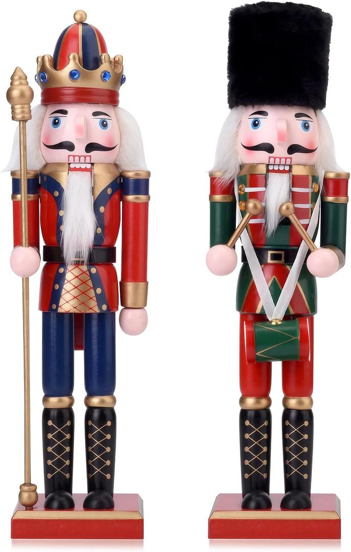 2 Pack Christmas Nutcracker King and Soldier Figures, 12 Inch Wooden Nutcracker Christmas Festival Decor for Shelves and Tables