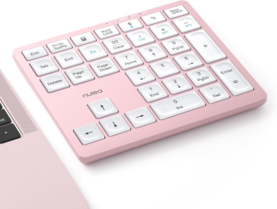 Nulea Wireless Number Pad Bluetooth 5.0 & 2.4G Portable Numeric Keyboard, USB-C Rechargeable, 34-Keys Bluetooth Keyboard for Data Entry (Pink)