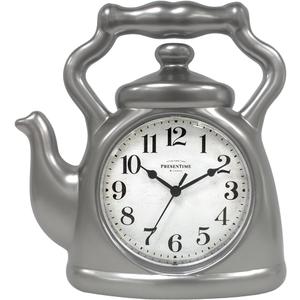 Presentime & Co. 11" Teapot Clock, Silent Non Ticking, Modern Farmhouse Style, Wall & Mantel 2 in 1 Clock, Desk & Shelf, Steel Silver Finish (Wall Deocration/Home Decoration/Tabletop Dcor)