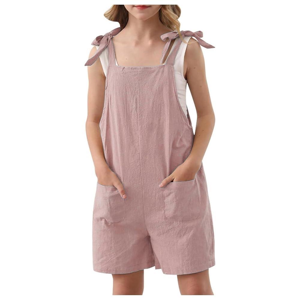 Girls Romper Sleeveless Adjustable Tie-Up Strap Short Jumpsuits Summer Clothes with Pocket, Large