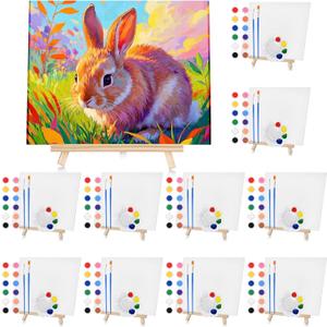 10 Set Acrylic Paint Canvas Set  8x10 Inch Mini Canvas Painting Kit with 10 Wood Easels, 20 Brushes, 12 Paint Sticks, 10 Palettes  Art Supplies for Kids & Beginners, Ideal for Parties & DIY Painting