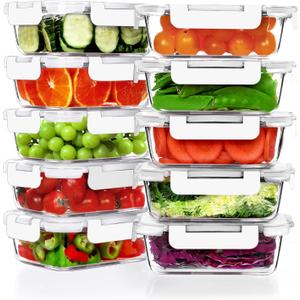 VERONES 10 Pack 22 OZ Glass Meal Prep Containers, Airtight Glass Lunch Containers Set, Food Storage Containers with Lids,BPA Free, for Microwave, Oven, Freezer & Dishwasher Friendly,White