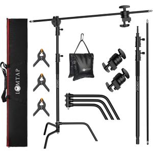 LOMTAP C Stand Light Stand Stainless Metal Photography Kit - Heavy Duty 10.8ft/330cm Vertical Pole, 4.2ft/128cm Boom Arm, Adjustable Base, Water Sandbag, 2 Grip Heads, 3 Clips for Softbox, Reflector