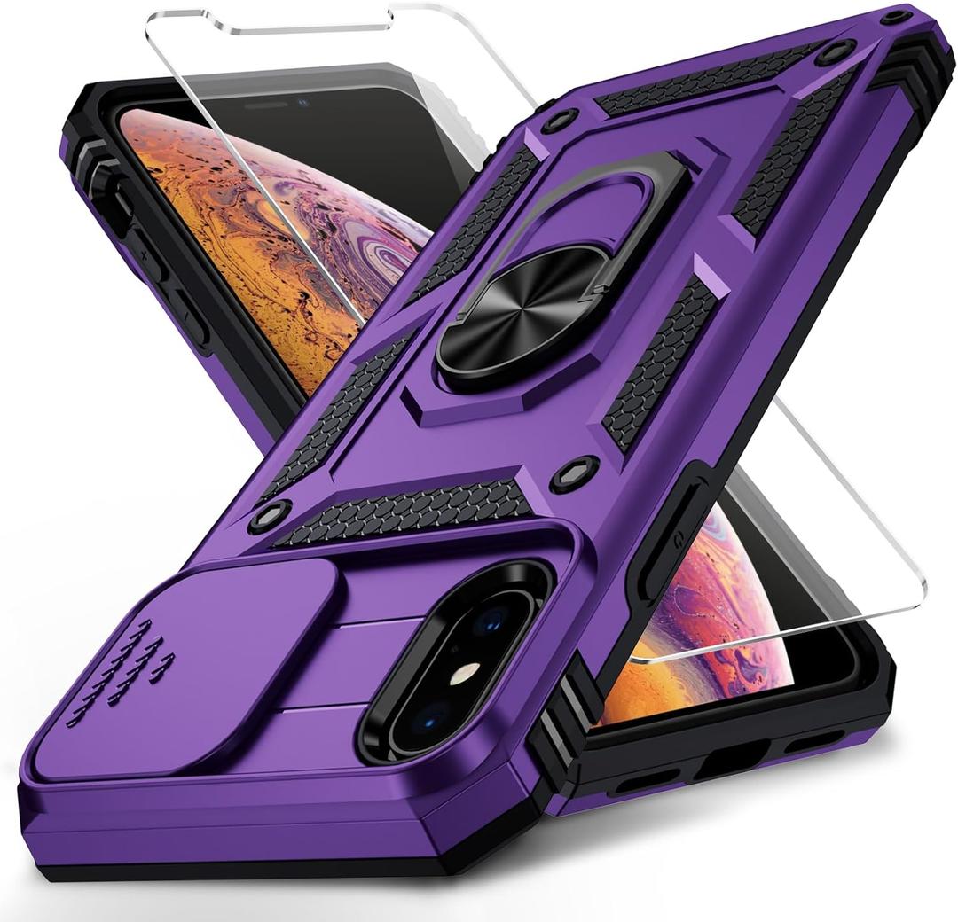 Vinve for iPhone X Case/iPhone Xs Case, Slide Lens Cover, HD Screen Protector, Military Grade Drop Protection, Magnetic Rotated Ring Holder Kickstand Protective Phone Case (Deep Purple)