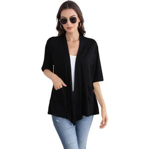 ADANIKI Women 2026 Summer Lightweight Cardigan, Short Sleeve Open Front Casual Trendy Womens Kimono Cover Up with Pocket (XX-Large, Black)