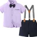 ZOEREA Toddler Baby Boy Clothes  Boy Gentleman Suit Short Sleeves Shirt +Suspender Pants +Bowtie Toddler Dress Boy Outfit (Purple), Size: 4-5T