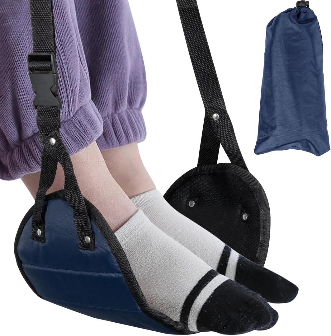 Airplane Foot Hammock, Portable Airplane Footrest to Relax Feet, Adjustable Foot Hanger for Long Trip Home Office, Travel Essentials, Navy